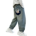 thumbnail image 1 of Boys' Baggy Jeans Straight Leg Jeans With Pockets Elastic Waist Distressed Ripped Denim Pants With Holes，, 1 of 6