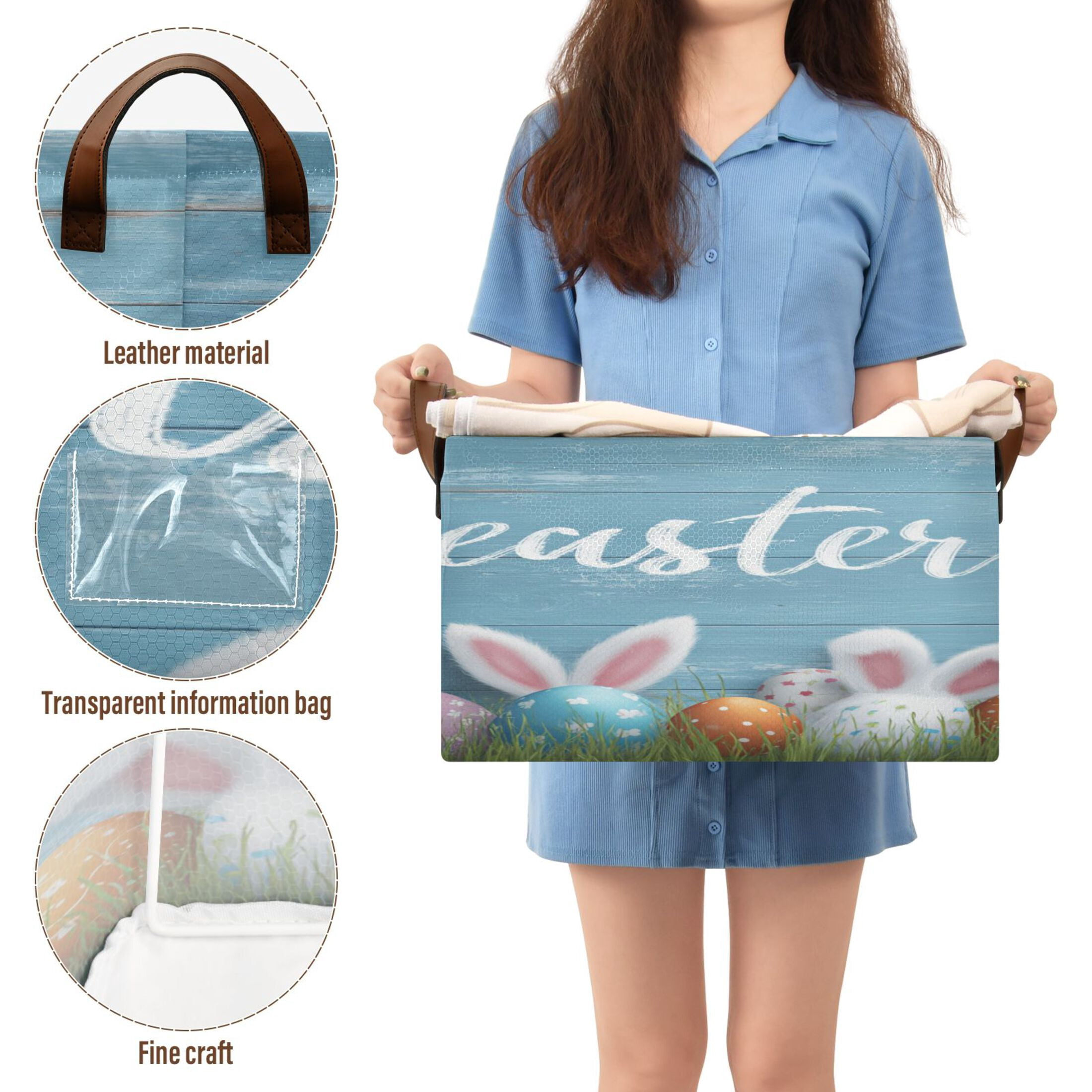 WobogoBunny Ear Easter Egg Storage Basket 16.9×11.4×10in Collapsible Oversized with Metal Iron Frame