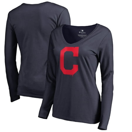 Cleveland Indians Logo Charm - Cleveland Indians Women's Team Color Primary Logo V-Neck Long Sleeve T-Shirt - Navy