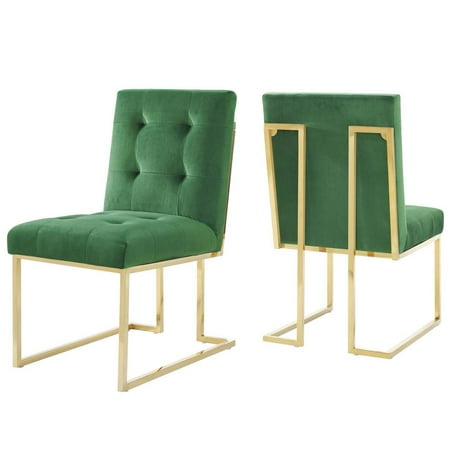 LexMod Modway Privy Gold Stainless Steel Performance Velvet Dining Chair Set of 2 in Gold Emerald