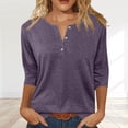 thumbnail image 3 of Womens Buttons Tops 3/4 Length Sleeve V Neck Loose Casual Summer T Shirts, Purple L, 3 of 6