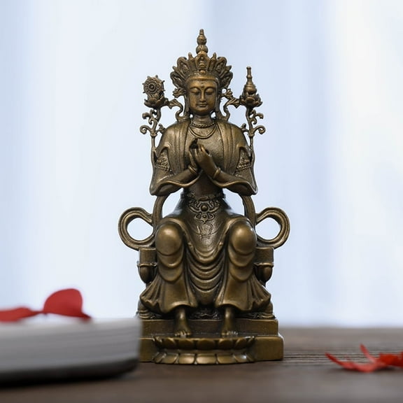 Handcrafted Celestial Crown Maitreya Buddha Statue Vintage Brass 3.03in Hope & Strength Thoughtful Gift for Shelf