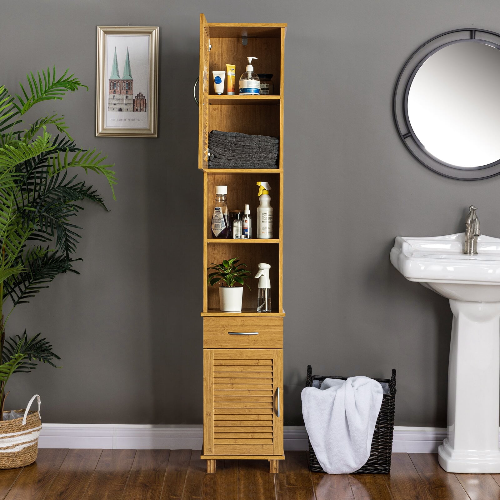 Kadyn Bathroom Slim Tall Linen Tower, Free Standing Floor Cabinet Cupboard with Open and Concealed Shelves, Bathroom Storage Cabinet Brown Linen Cabinets, 13.78"D X 11.73"W X 73.23"H