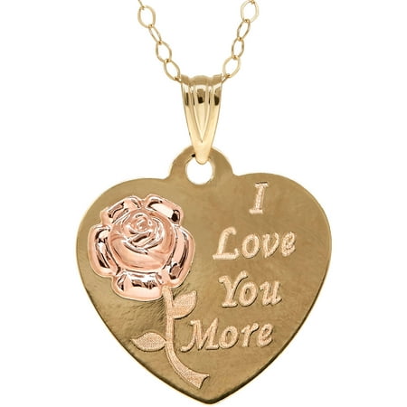 Simply Gold 10kt Gold Heart Disk with Flower and I Love You More Pendant