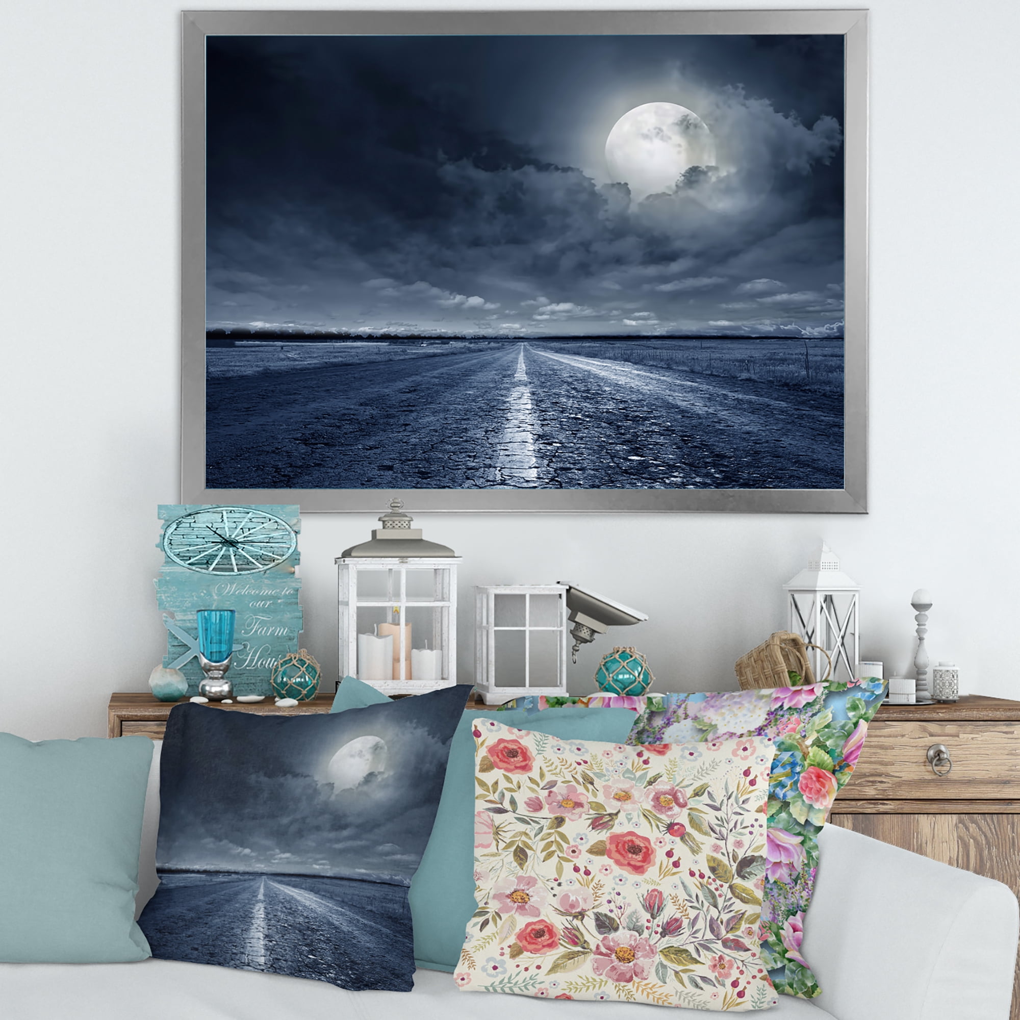 Designart 'Cloudy Full Moon Over Asphalt Road I' Nautical & Coastal Framed Art Print