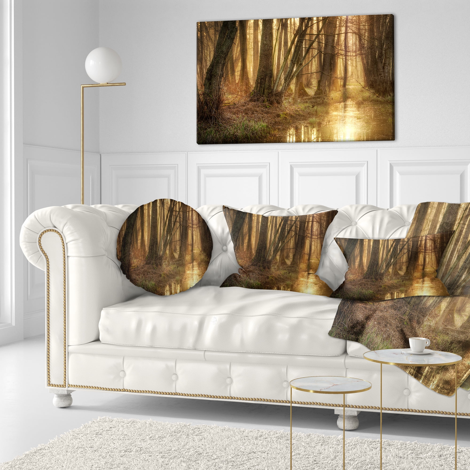 Designart Golden Morning in Dense Forest - Landscape Photography Throw Pillow - 12x20