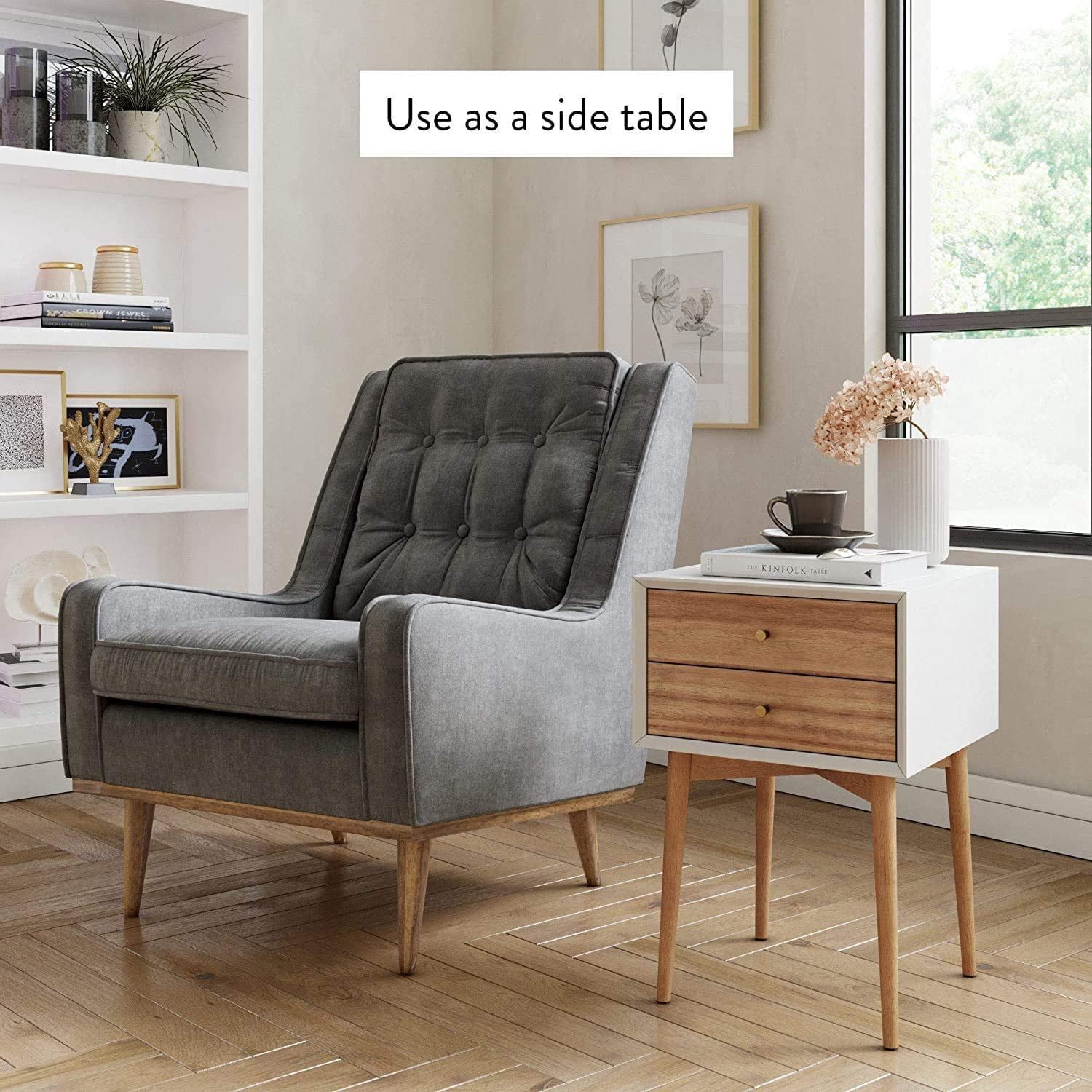 Giantex End Side Table Nightstand with Storage Drawer and Shelf, Wood Nightstand with 2-Drawers, Solid Wood Legs Living Room Bedroom Furniture