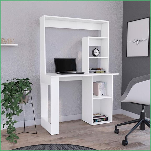 Desks for Home Office, Modern Writing Computer Desk with Storage Shelves & Hutch, 38.8"W x 17.7"D | White | Particle Board