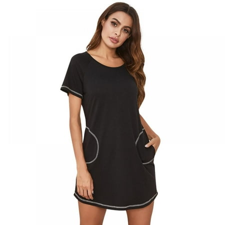 

Women s Nightshirt Short Sleeve Nightgown Long Sleepshirts Round-Neck Soft Sleepwear with Pockets S-XXL