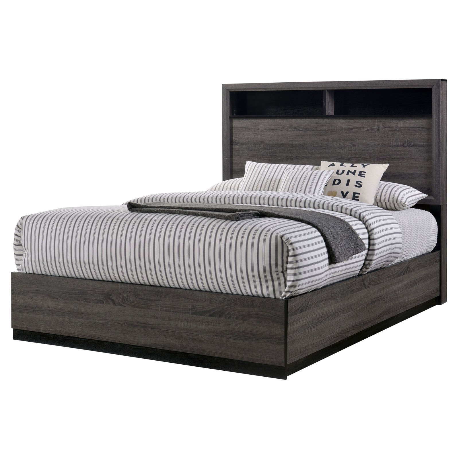 Wooden California King Bed with Bookcase Headboard and Grain Details