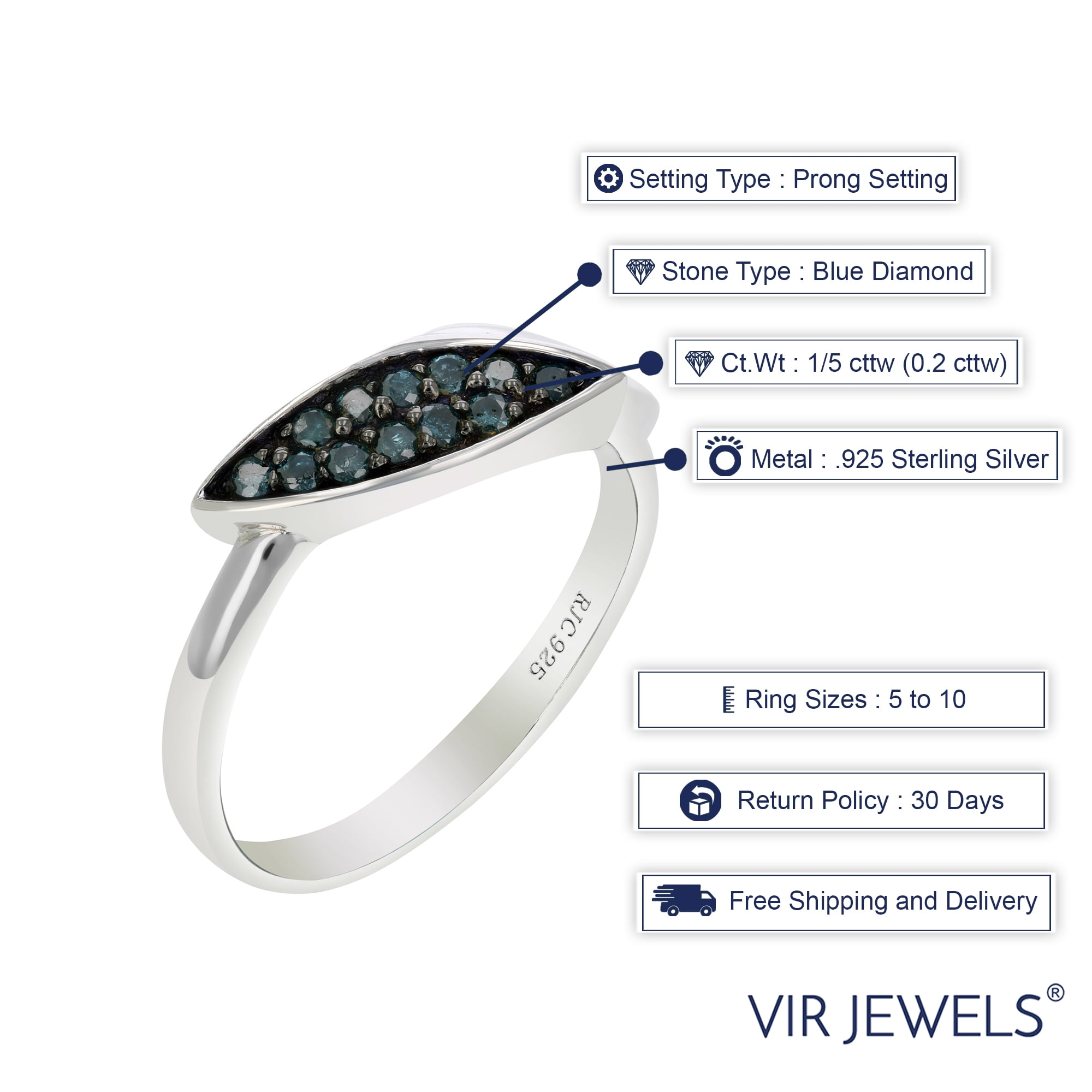 Vir Jewels 1/5 CTTW Blue Diamond Ring .925 Sterling Silver with Rhodium Plating Size 7 Female Adult