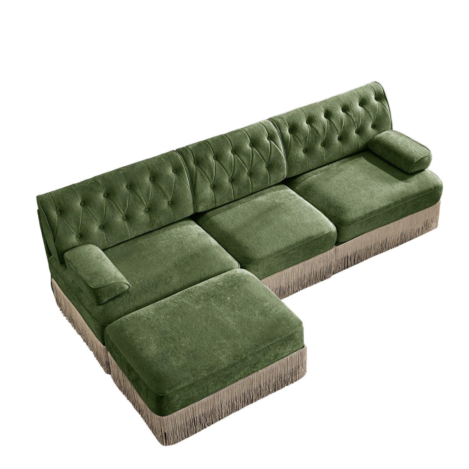 Hommoo 3-Seater Chesterfield Style Velvet Fabric L-Shaped Sectional Sofa, Tufted Button Upholstered Design and Floor-grazing Tassel, Free Combination Sofa Couch Set, for Home, Green