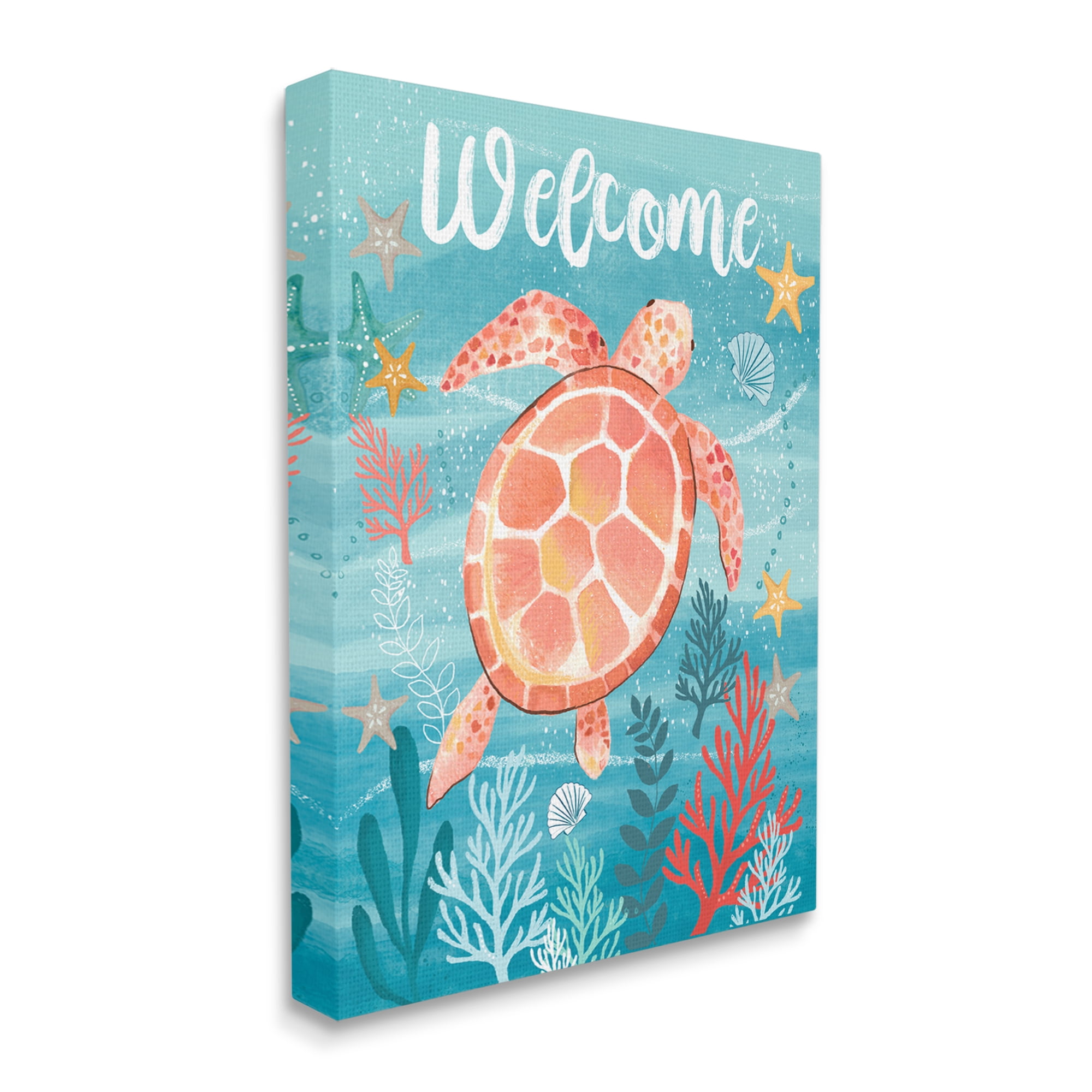 Stupell Industries Welcome Underwater Turtle Scene Animals & Insects Painting Gallery Wrapped Canvas Art Print Wall Art, 16 x 20