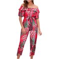 thumbnail image 2 of Usmixi Jumpsuits for Women Dressy Beach Vacation Elastic Waist off Shoulder Jumpsuits Overalls with Tie Summer Square Neck Short Sleeve Leaves Print Long Formal Rompers Red xxl, 2 of 6