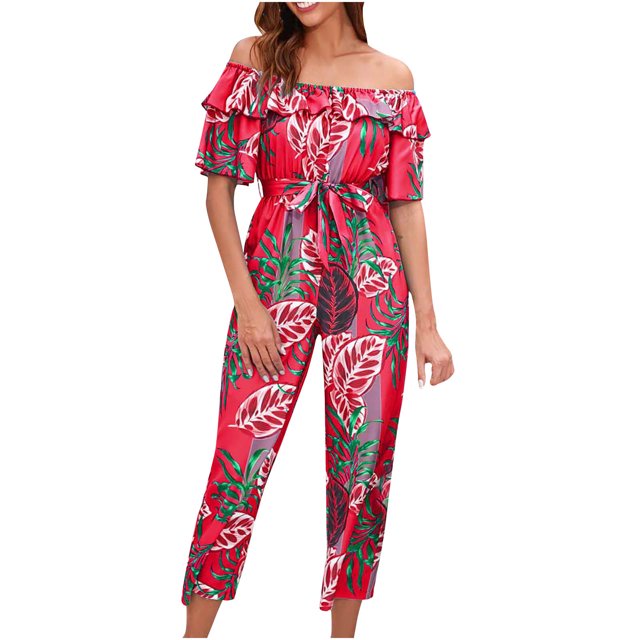 Penkiiy Combinaisons pour Femmes Mode Décontractée Imprimée Volants Bretelles une Épaule Combinaison à Lacets Pantalon Large Rouge TP Combinaisons