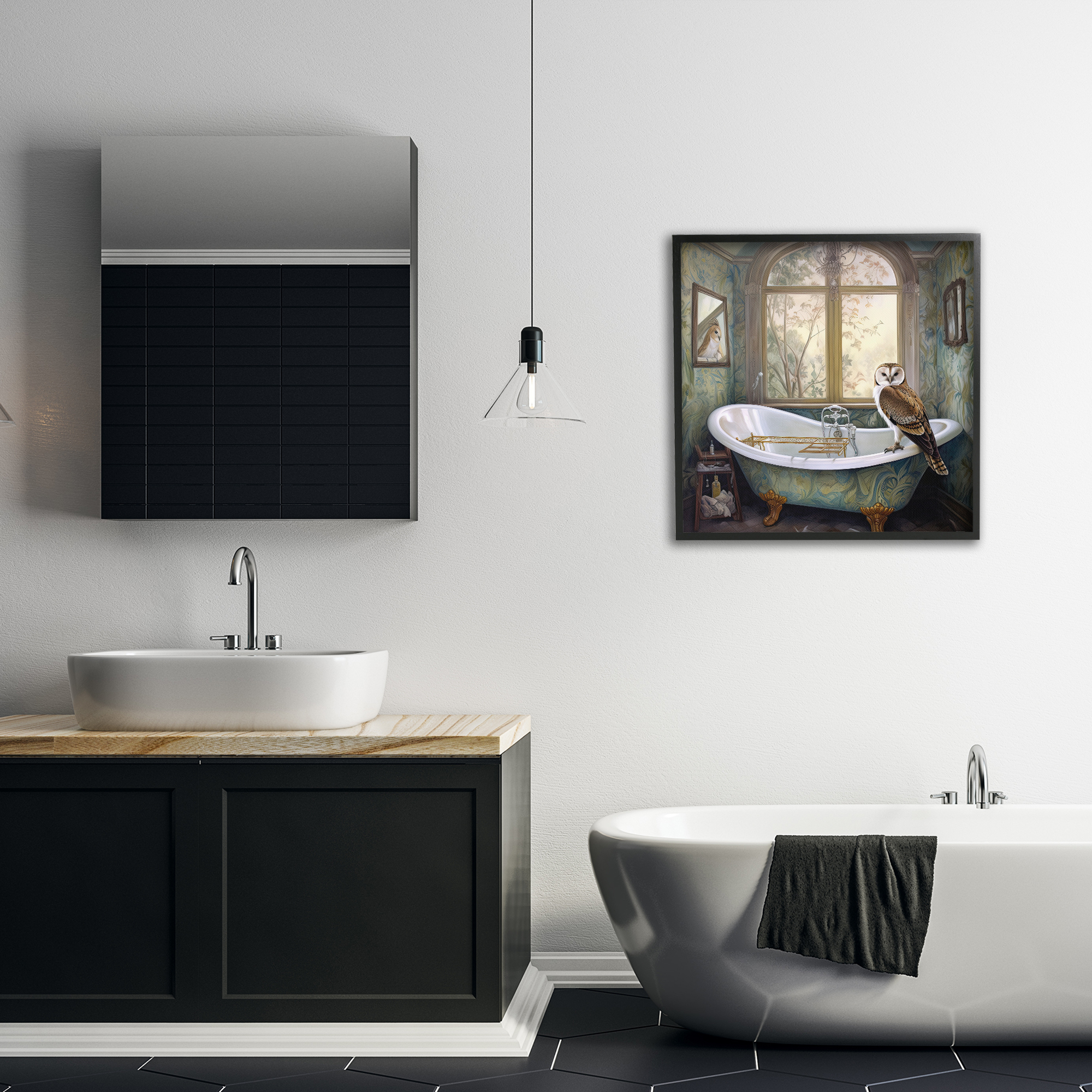 Paisley Patterned Owl Bathtime Black Framed Giclee Art, design by Sasha