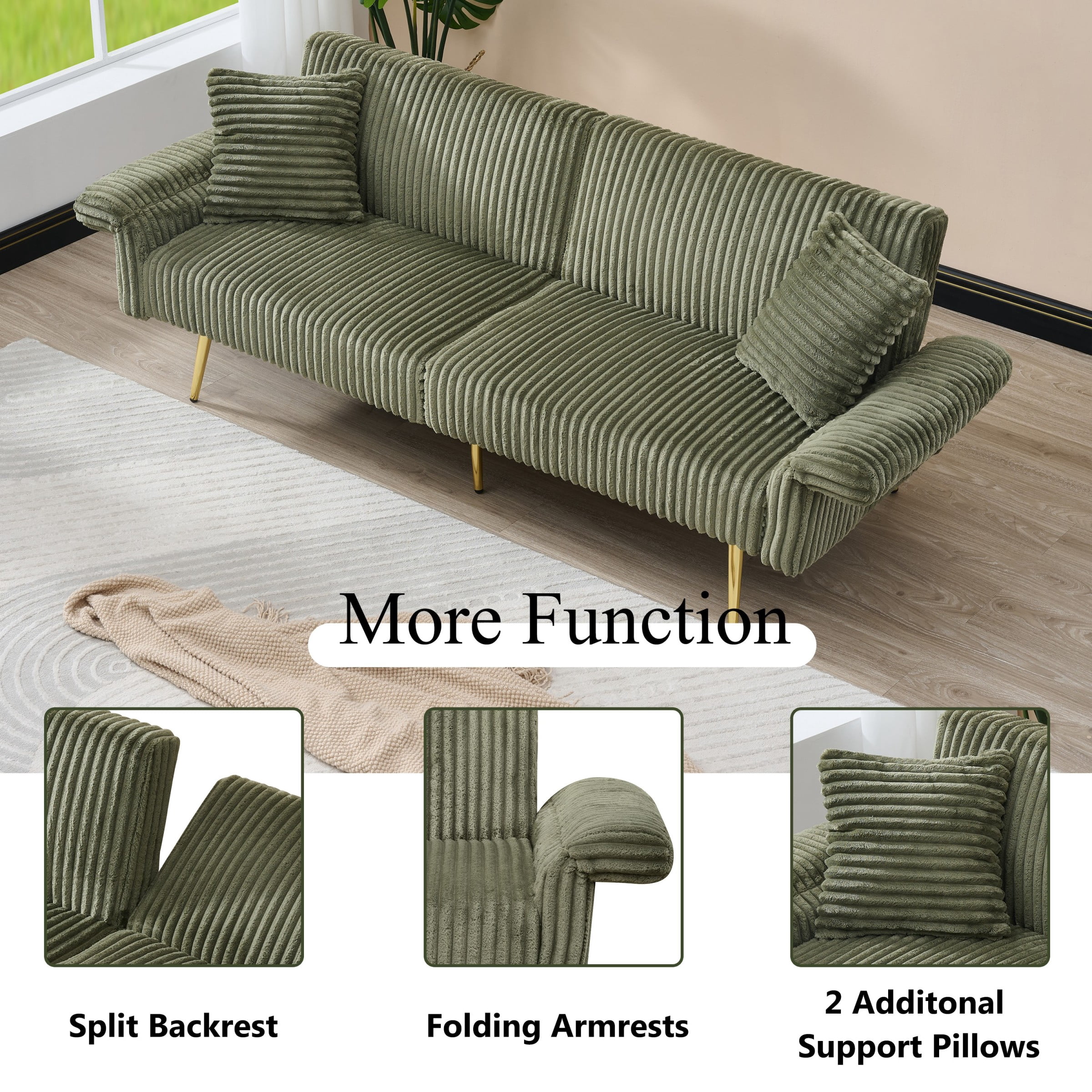 Jopath 79 inch Modern Convertible Sofa Bed,Corduroy Upholstered Futon Couch with Adjustable Armrests for Small Spaces,Living Room,Green02