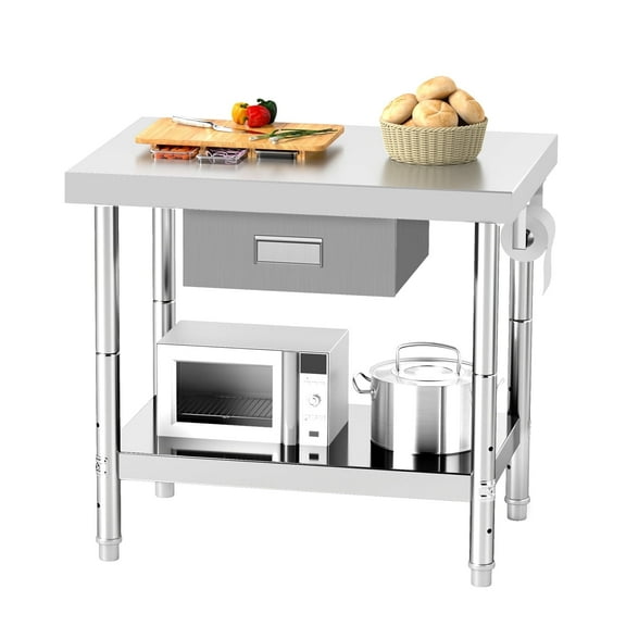 ModFusion 2-Tier 3x2 ft Stainless Steel Prep Table with Drawer, Paper Roll Towel Holder, Adjustable Shelf, 36"x24" Metal Utility Table for Kitchen