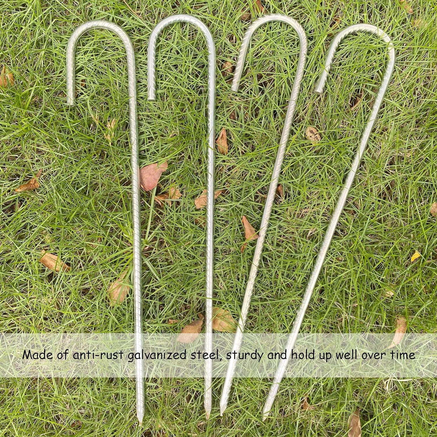 HRTGFD-Rebar Stakes 16 Inch, Heavy Duty Galvanised Steel Rebar Ground Stakes, Fence Anchors, Ground Stakes with Hook, Ground Blind Stakes for Marquees, Gazebos, Tents, Trampolines, Camping