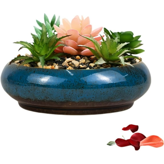 Plant Pots Indoor with Drainage: Ceramic Pots for Plants, 7In Creative Large Caliber Glazed Ceramic Orchid Bonsai Succulent Planter with Drainage, Shallow Planter (Blue)