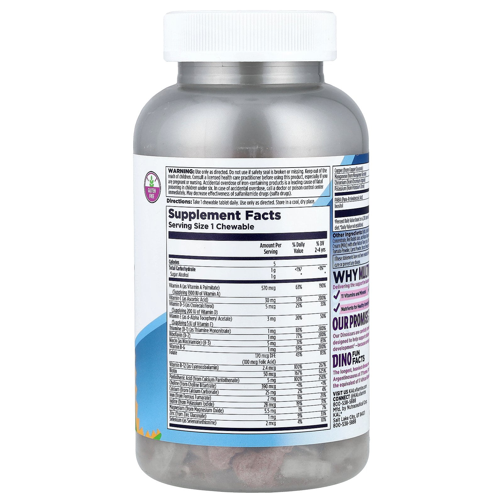 KAL Kids MultiSaurus Vitamins & Minerals | Berry, Grape & Orange Flavor | Childrens Daily Multivitamin | 180 Chewables