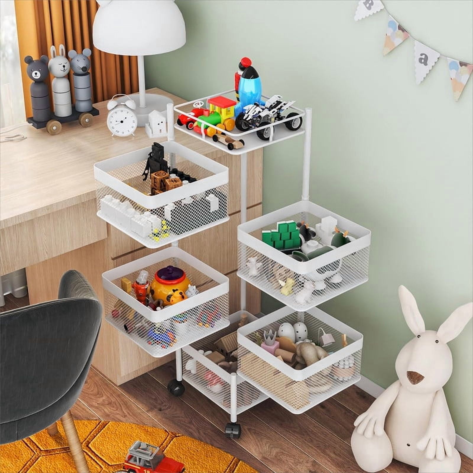 Howcool 5-Layer Metal Rolling Cart with Wheels, Kitchen Vegetable Storage Rack with Rotating Mesh Baskets