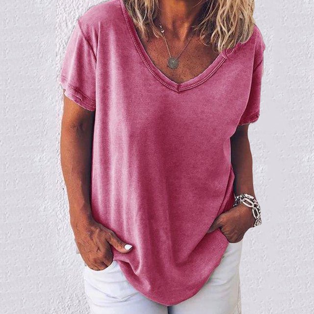 Femmes Lâches Grande Mode Décontractée Simple Couleur Unie V-Cou à Manches Courtes T-Shirt