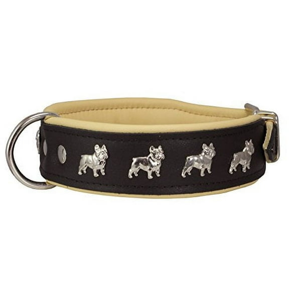 Real Leather Soft Leather Padded Dog Collar Bulldog (16.75"-19.25" Neck; 1.75" Wide, Black/Beige)