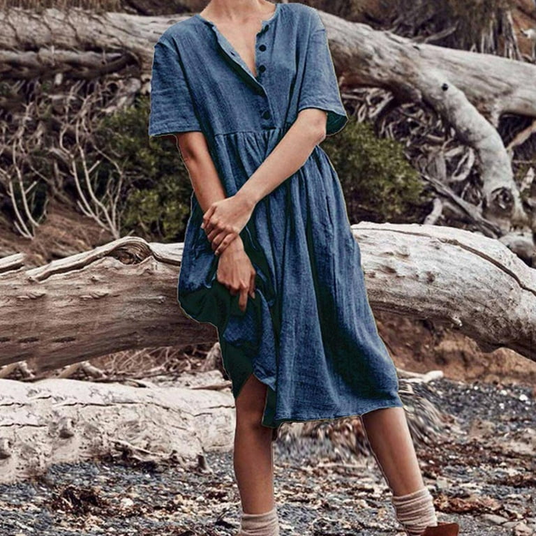 safuny Women's Tea Length Cotton Linen Dress Clearance Solid