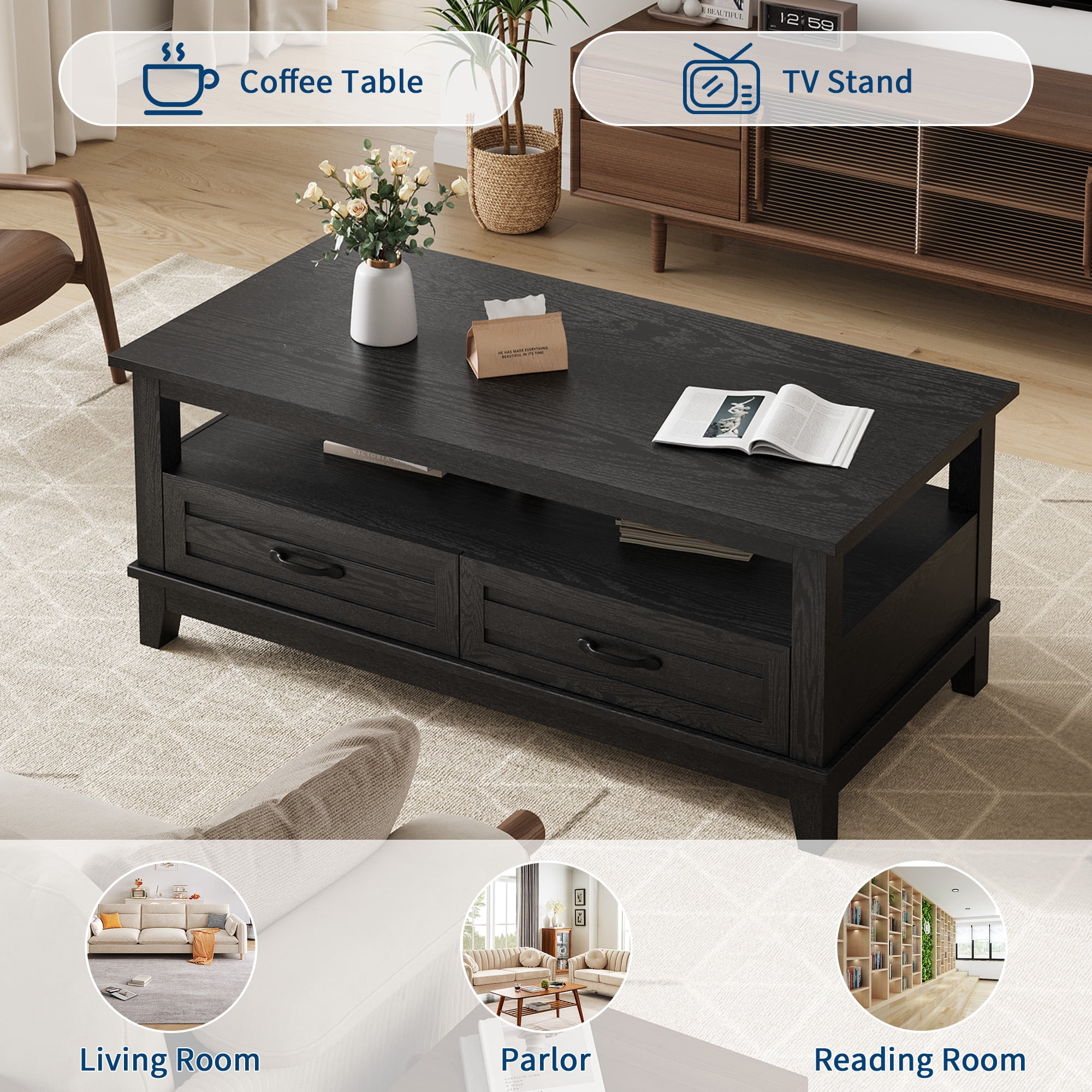 Farmhouse Coffee Table with Storage, Wood Coffee Table for Living Room, Open Display Area and Storage Drawers with Handles, Chic Style for Office, Parlor, Reading Room