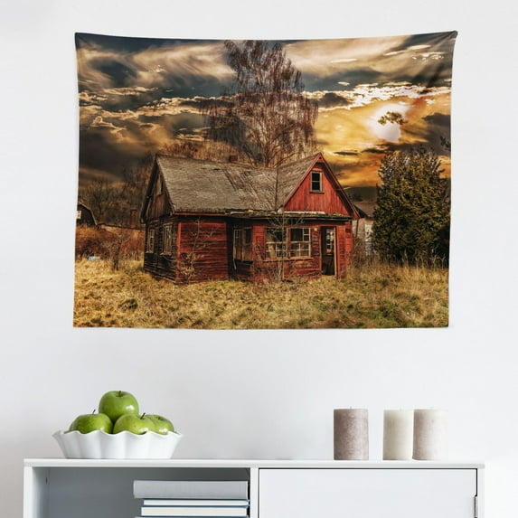 Cartoon Tapestry, Art of a Painting Abandoned Mine Explorer Mystic Adventure Print, Fabric Wall Hanging Decor for Bedroom Living Room Dorm, 2 Sizes, Yellow and Brown, by Ambesonne