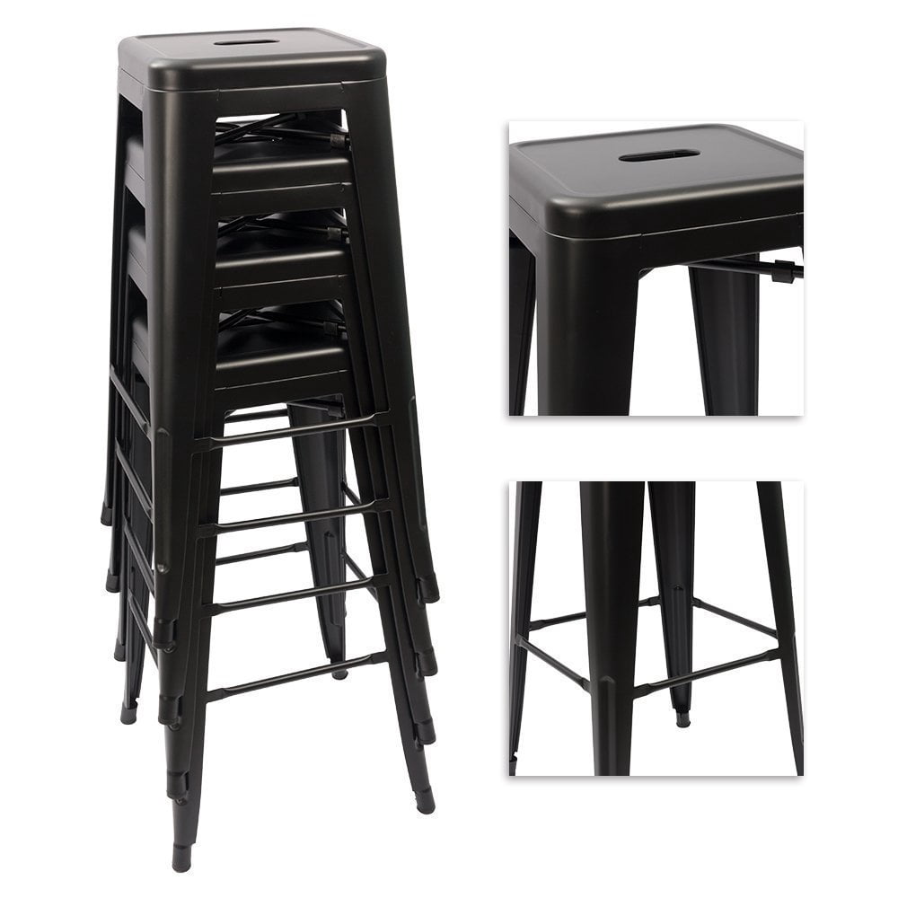 Lacoo Indoor-Outdoor 30'' Modern Tolix Style Metal Backless Light Weight Bar Stools with Square Seat, Deep Black