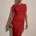 thumbnail image 2 of ZEHJUHAN Women's Solid Color Round Neck Formal Gown with Slit Pearl Embellished Sleeves Back Zipper Bodycon Dress Red，L, 2 of 4
