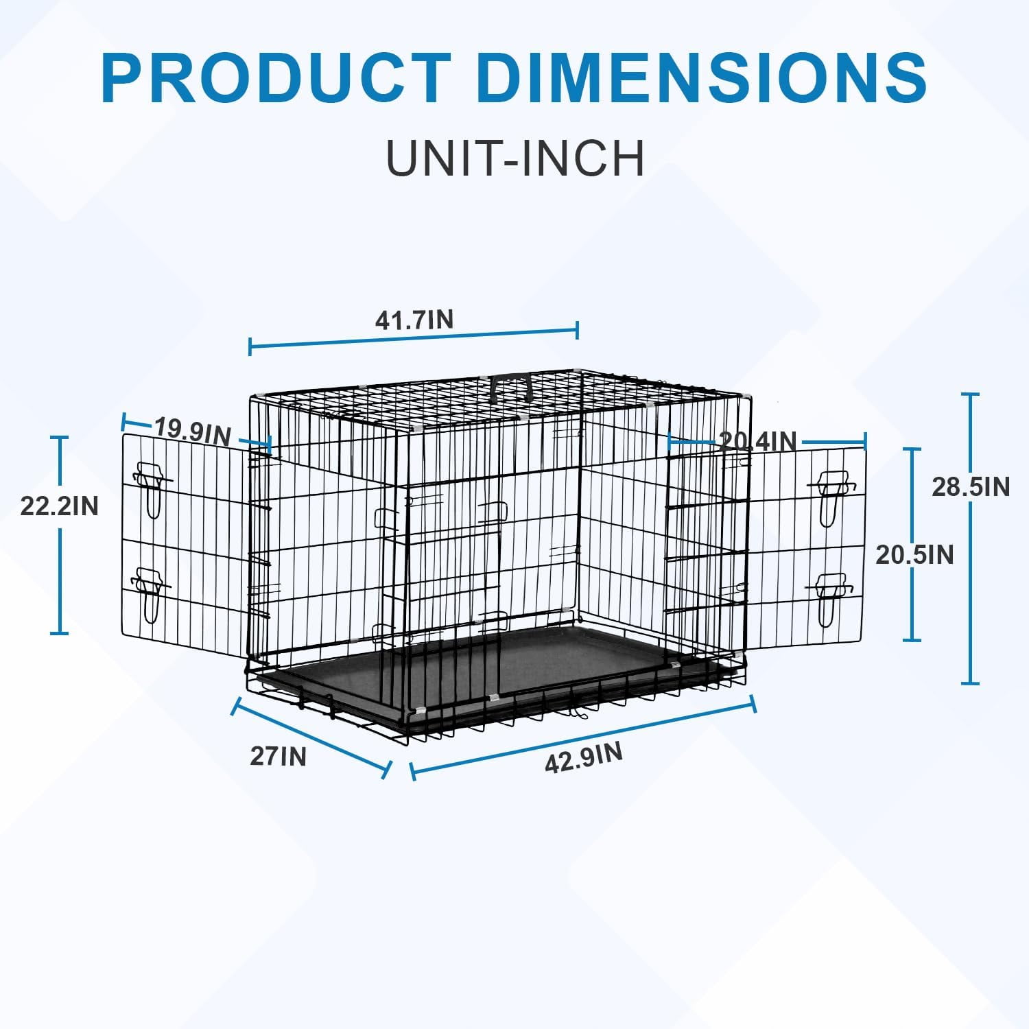 42 Inch Large Dog Crate Dog Kennel Pet Cage Metal Wire Crates Pet Cages Double-Door Folding Kennels with Handle Leak-Proof Pan Tray,Black