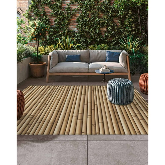 Yellow Bamboos Outdoor Rug, Natural Vintage Bamboos Tree Plant Image Large Outdoor Patio Area Rugs Non Slip Outside Floor Mat Carpet for Backyard/Deck/Porch/Balcony, 5x8 ft