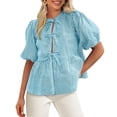 thumbnail image 1 of Blusa PRETTYGARDEN para mujer, con lazo en la parte delantera, a rayas, verano 2025, 1 of 9