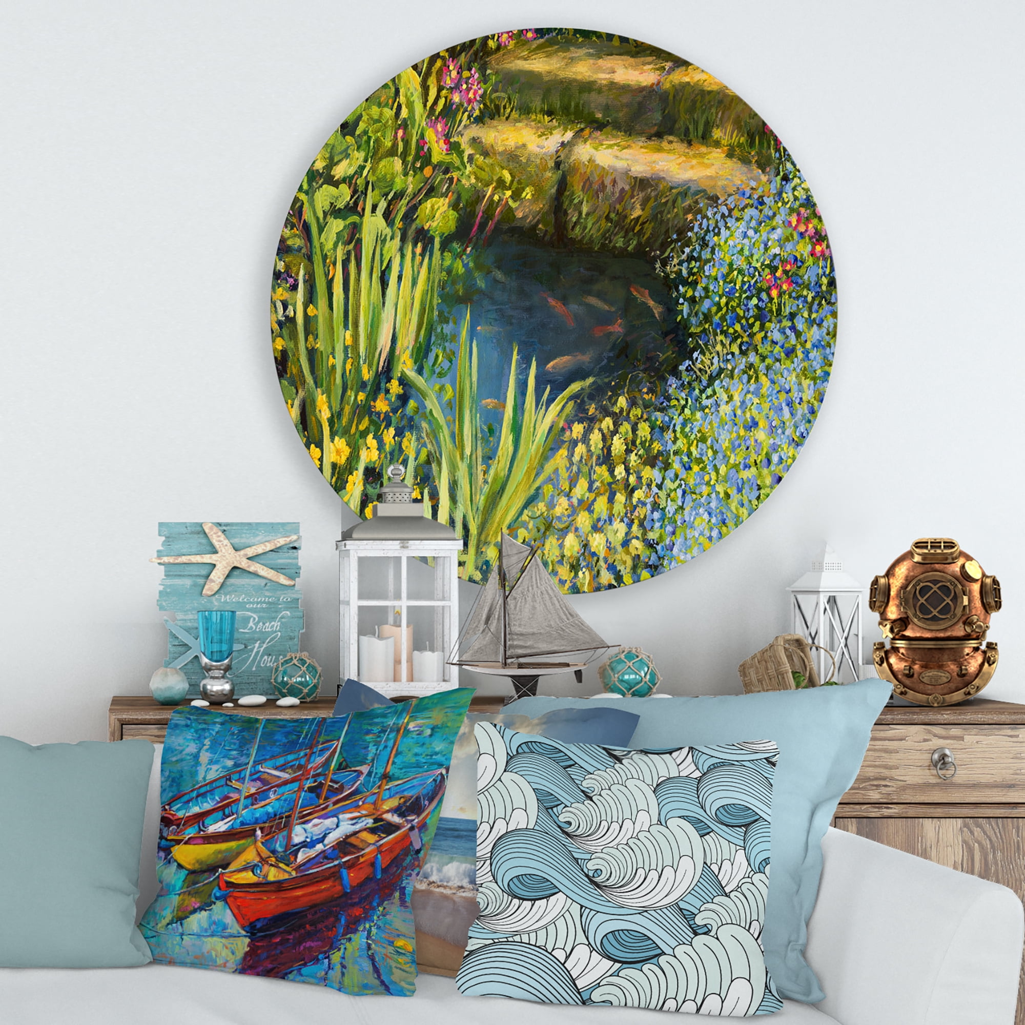 Designart 'Colorful Silence Flowers At The Lake Side' Lake House Circle Metal Wall Art 36x36 - Disc of 36