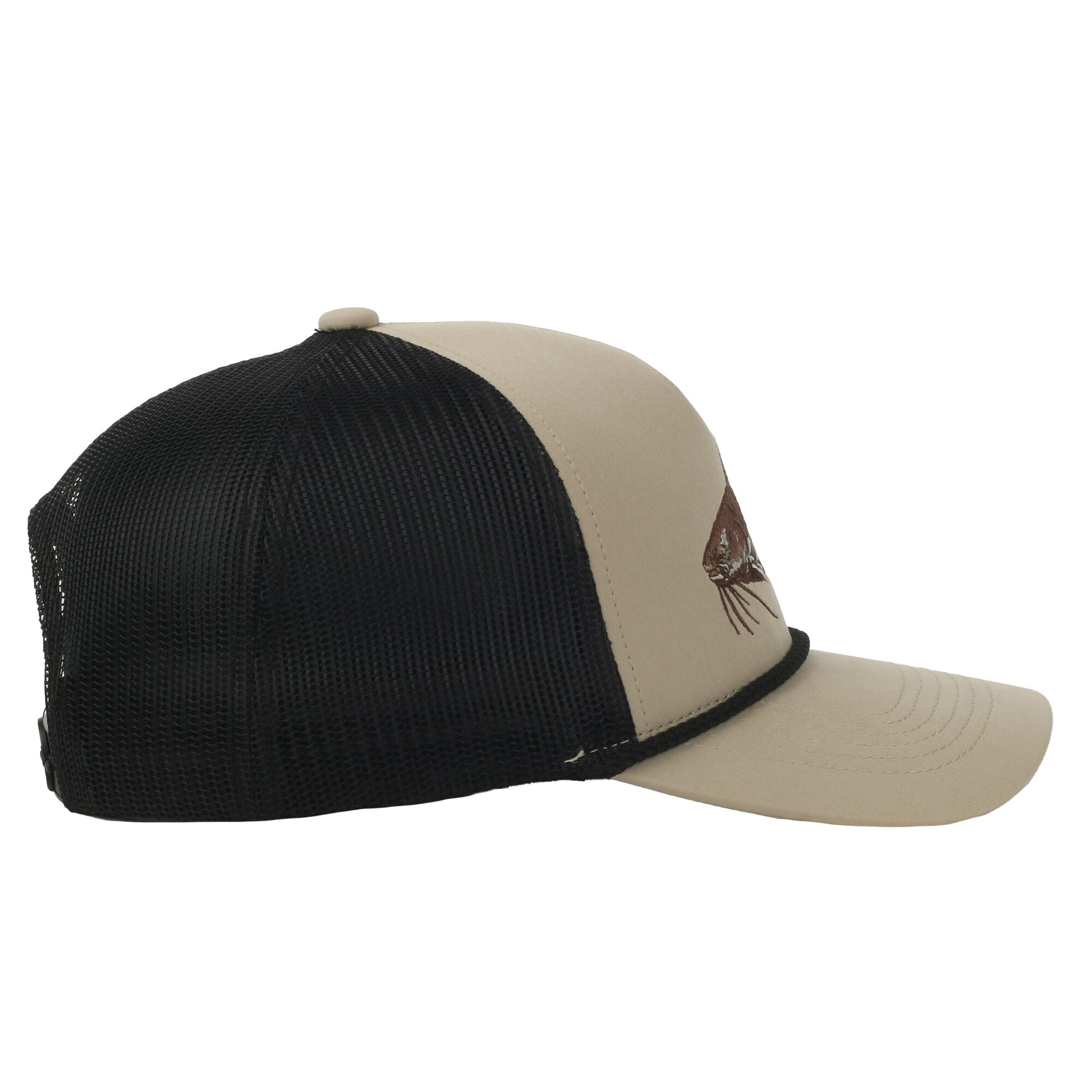 Beige/Black Catfish 5-Panel Fishing Cap – Structured, Embroidered, Snapback, One Size