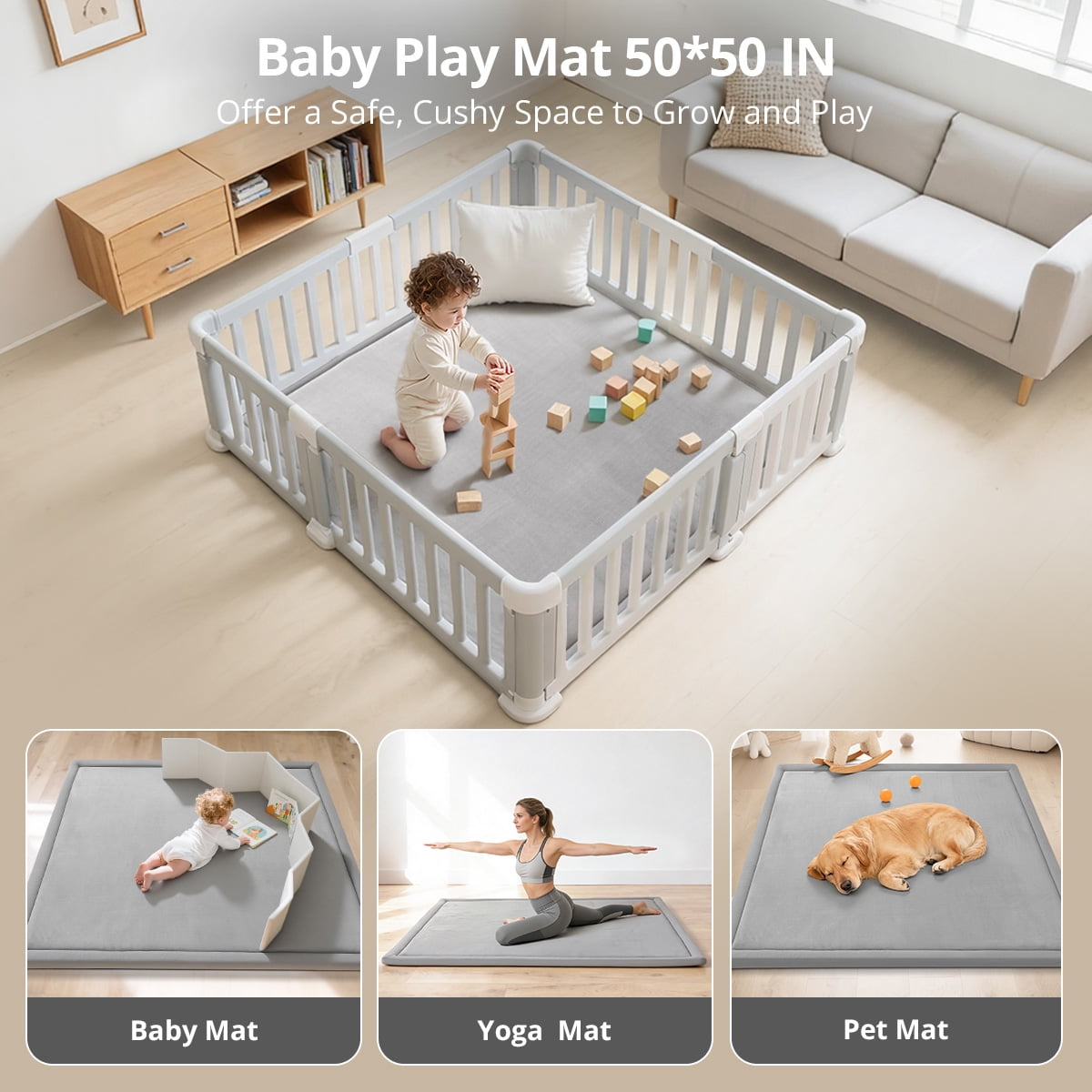 Baby Play Mat, Caveen Thicken Baby Playpen Mat, Flannel Soft Crawling Playmat for Infant, Anti-Slip, 50"x 50", Light Grey