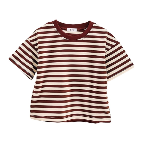 TIREOW Boys Stripe Short Sleeve T-Shirts Crewneck Colour Block Comfortable Casual Kids Summer Tee Tops (Coffee, 9-10 Years)