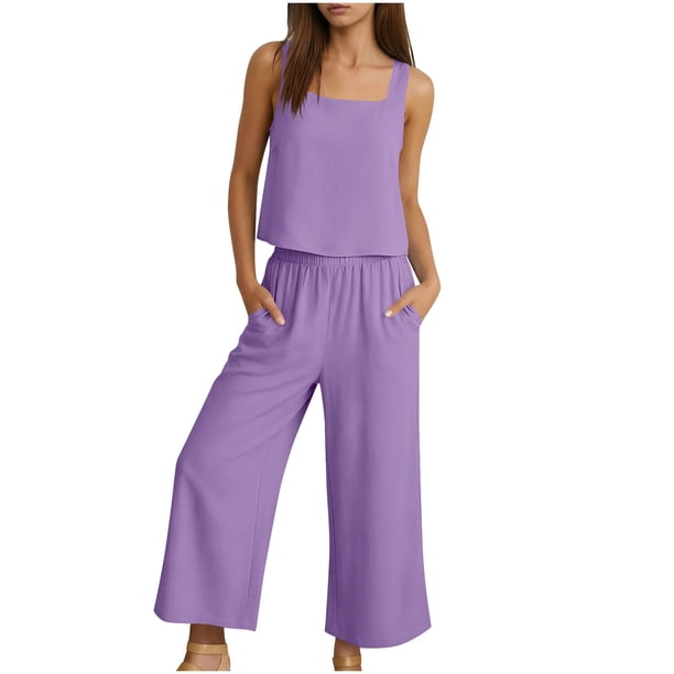 Mujer Pantalones Casual Dos Piezas Conjunto Cuello Redondo Blusa sin Mangas con Pantalones de Bolsillo de Ajuste Suelto, Vestuario de Verano