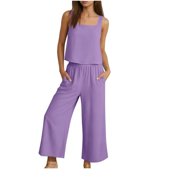 Sevevn Womens Linen Blend 2-Piece Outfit Square Neck Cami Top And Wide Leg Pants with Pockets Purple M