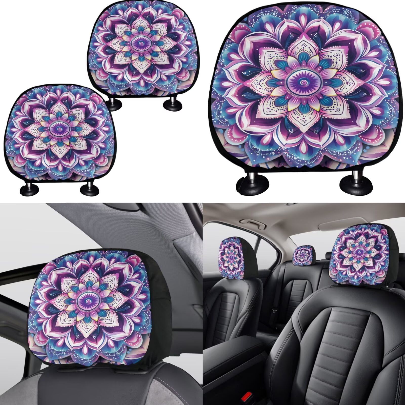 Jeiento Purple Boho Mandala Car Seat Covers Full Set with Headrest Covers, Auto Keychain Holder, Cup Coasters, Gear Shift Cover, Handbrake Cover, 11 Piece Automobile Interior Sets