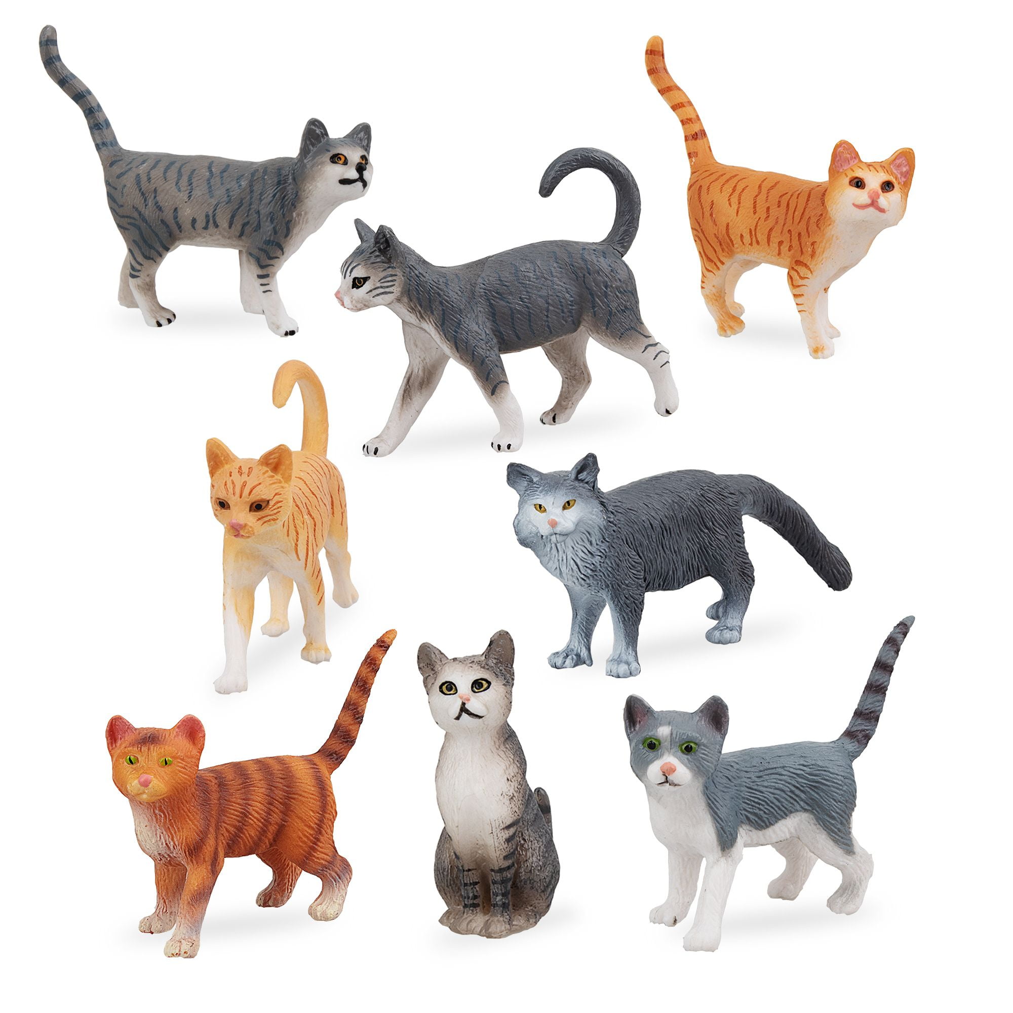TOYMANY 8PCS Grey and Orange Cat Figurines, Realistic Small Plastic Animal Cat Figures Toy Set