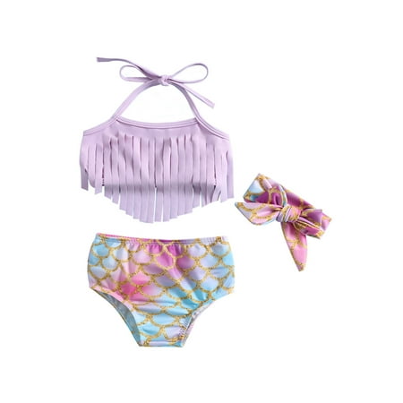 

Toddler Baby Girls 2 Pcs Swimsuit Tassel Bikini Tops and Mermaid Scales High Waist Swim Shorts Bathing Suit Beachwear