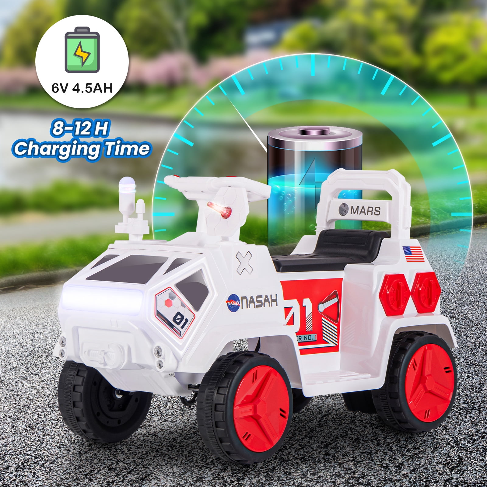 OLAKIDS Ride on Car, 6V Electric Toy for Kids with Radar, Rocket, MP3, USB, Horn, Power Display, Headlight, 4-Wheeler Battery Powered Quad Gift for Toddlers Boys Girls Age 3+