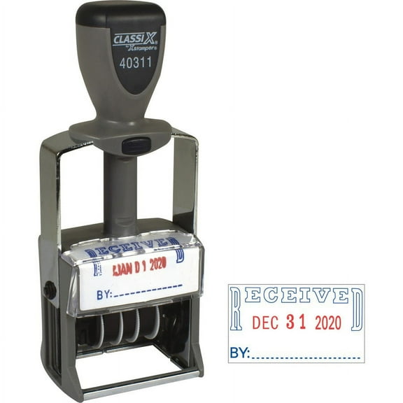 Xstamper Heavy-duty RECEIVED Self-Ink Dater - Message/Date Stamp - "RECEIVED" - Red, Blue - Metal, Plastic - 1 Each | Bundle of 5 Each