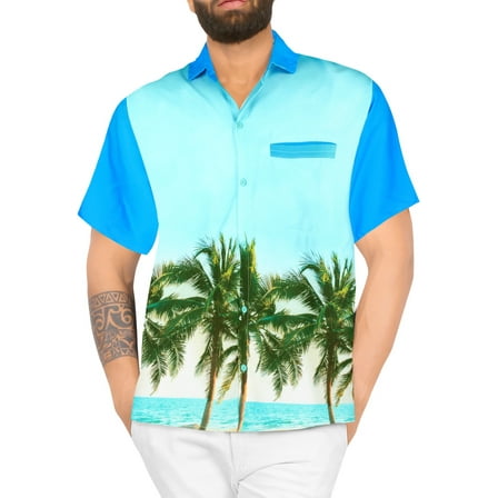 LA LEELA Men's Hawaiian Shirts Short Sleeve Button Down Shirt Men's Summer Shirts Casual Beach Vacation Hawaii Island Shirts for Men Funny L Palm Tree, Blue