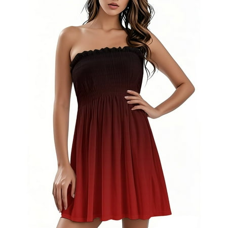 OAMDNDEA Beach Dresses for Women 2025 Vacation Sleeveless Strapless Sun Dresses Summer Gradient Beach Coverups Sexy Plus Size Off the Shoulder Dresses Beach Vacation Clothes Watermelon Red XL