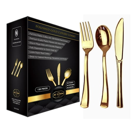 - 120 Gold Plastic Silverware Set, Gold Plastic Cutlery Set, Heavy Duty Utensils for Party and Wedding, Disposable Gold Flatware, Gold Plastic Forks, Spoons, Knives, 40 Each